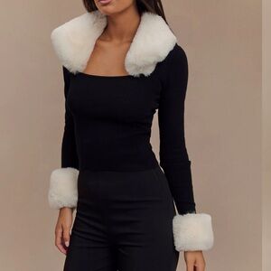 Meshki Cressida Faux Fur Knit Long Sleeve Top Black/White